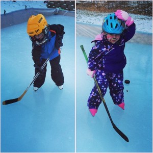 Both up on skates today practicing on the backyard pond.