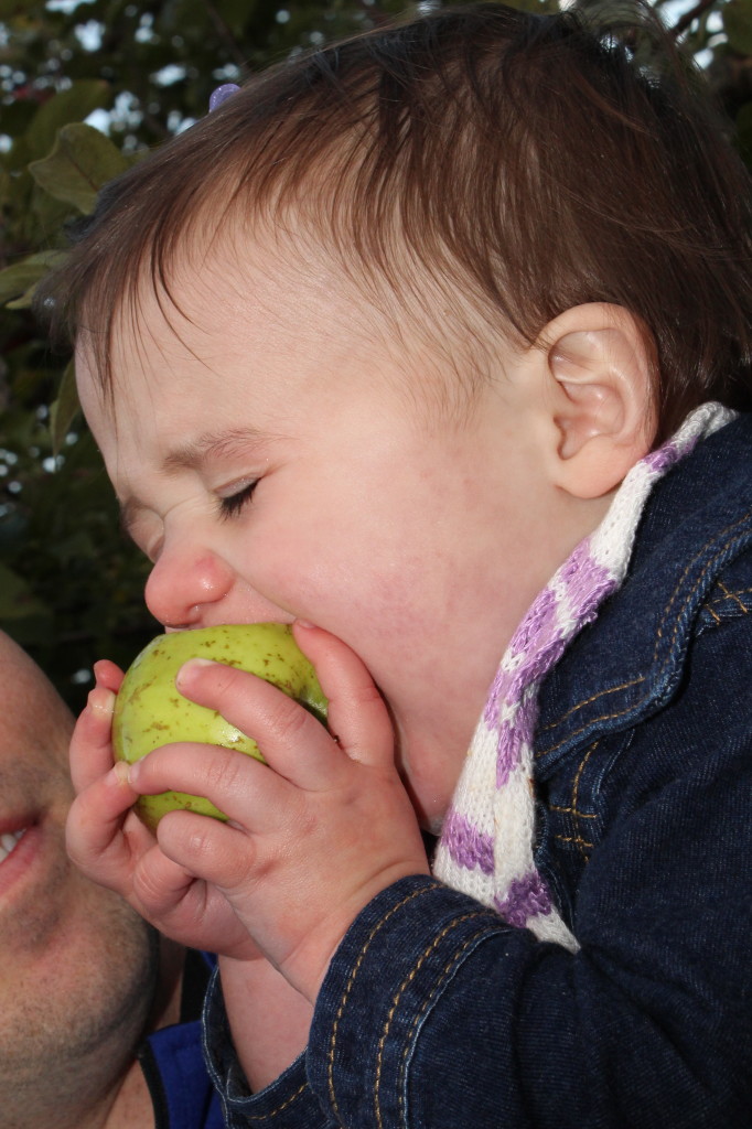 Gretchen eating her first apple!